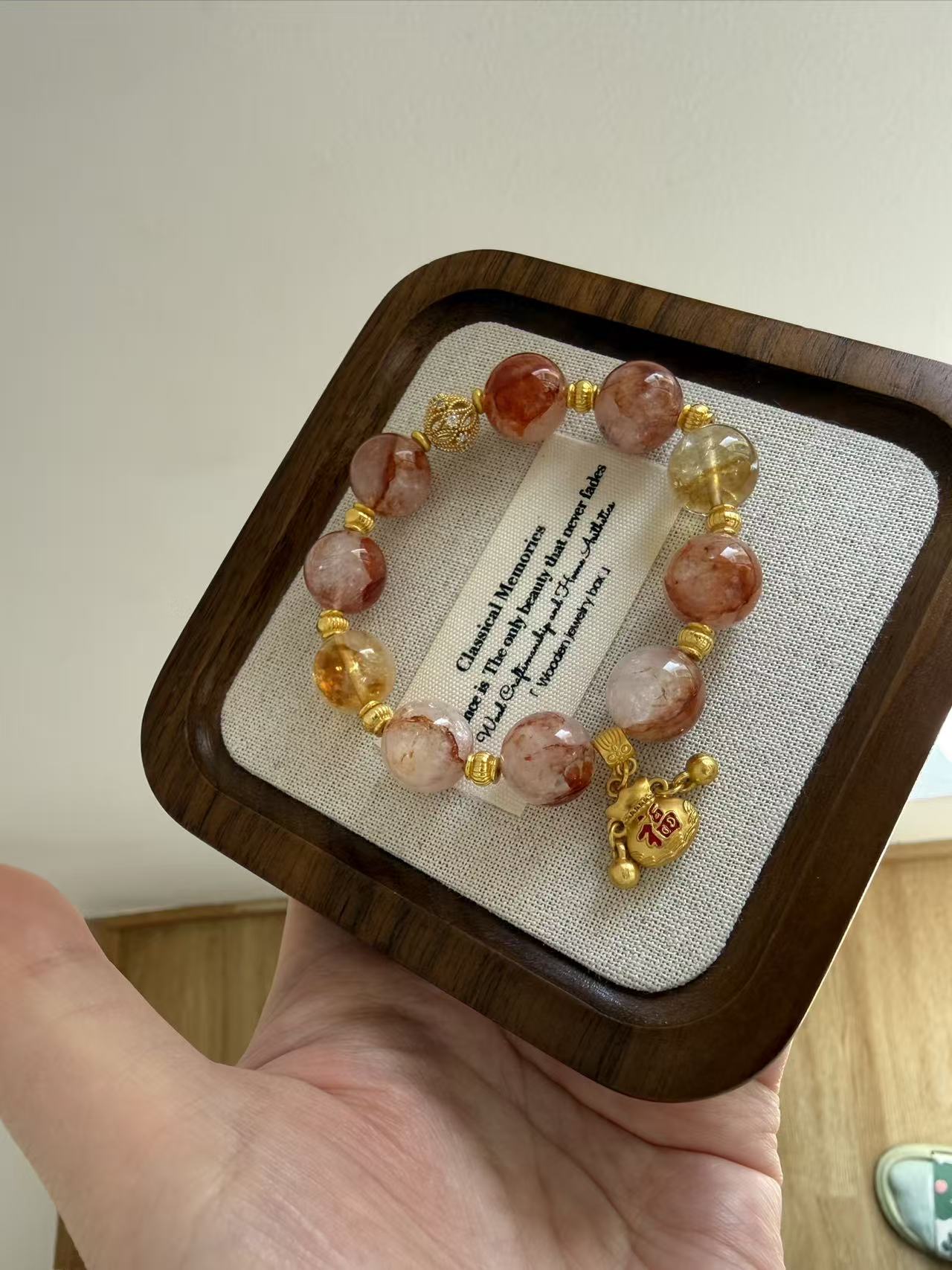 Red Hematoid Quartz & Citrine Beaded Bracelet with Gold Fu Charm - Lucky Healing Crystal Jewelry for Women B50