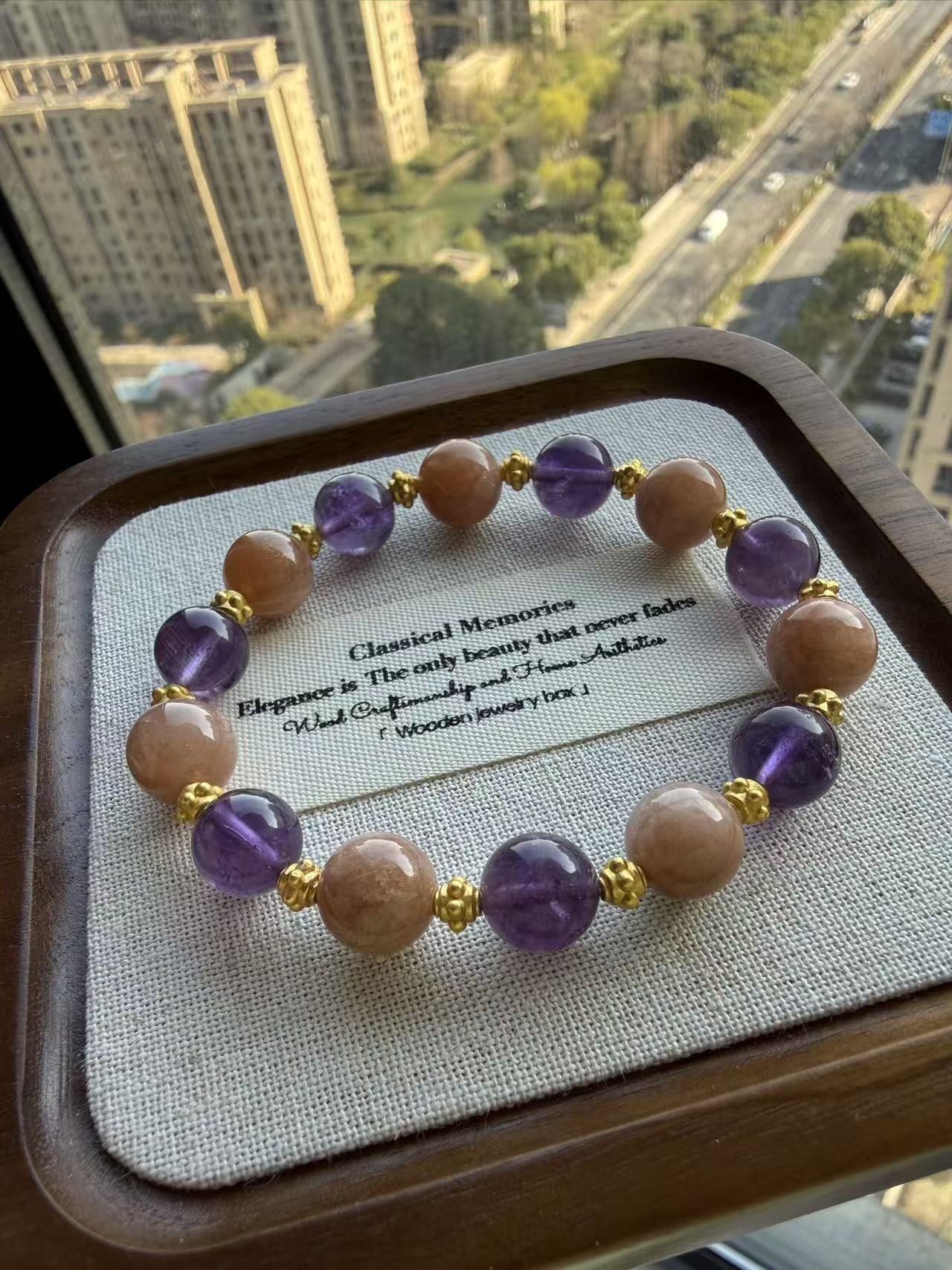 Amethyst & Champagne Stone Beaded Bracelet with Gold Accents - Elegant Everyday Jewelry B147