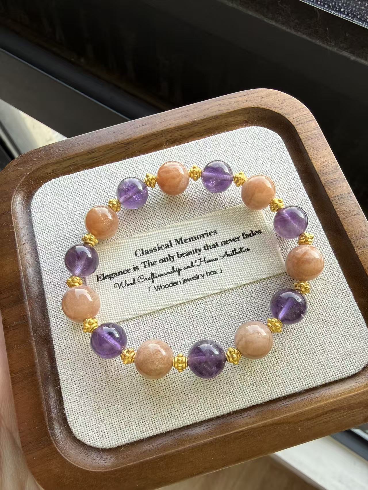 Amethyst & Champagne Stone Beaded Bracelet with Gold Accents - Elegant Everyday Jewelry B147