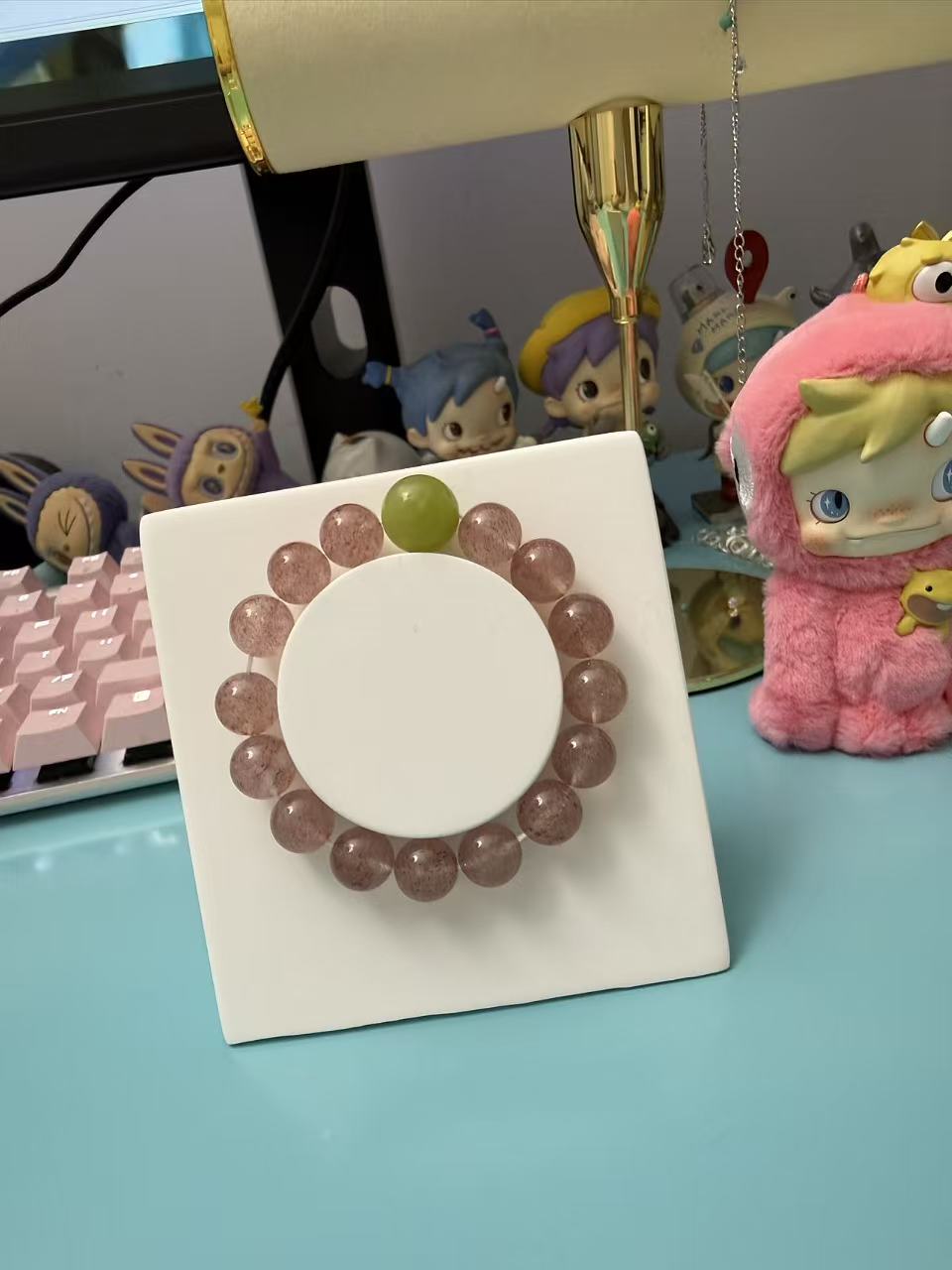 Strawberry Quartz Beaded Bracelet with Green Gemstone Accent - Dainty Healing Crystal Jewelry for Women B182