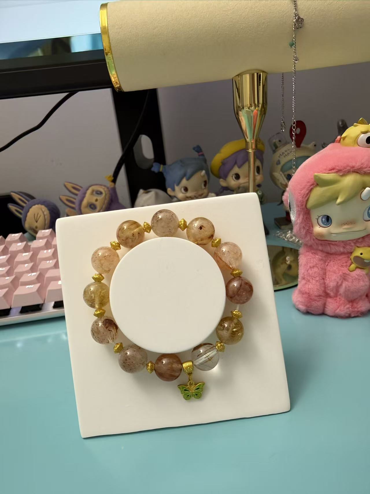 Multi-Color Natural Crystal Beaded Bracelet with Green Enamel Butterfly Charm - Gold Accent Healing Jewelry for Women B140