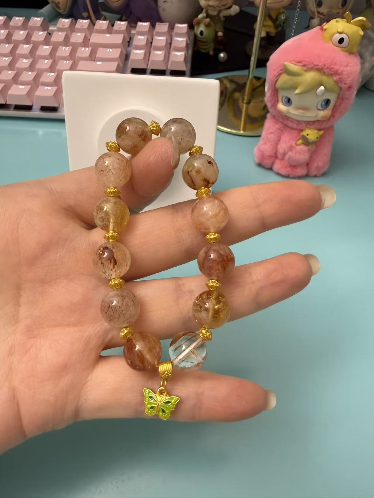 Multi-Color Natural Crystal Beaded Bracelet with Green Enamel Butterfly Charm - Gold Accent Healing Jewelry for Women B140