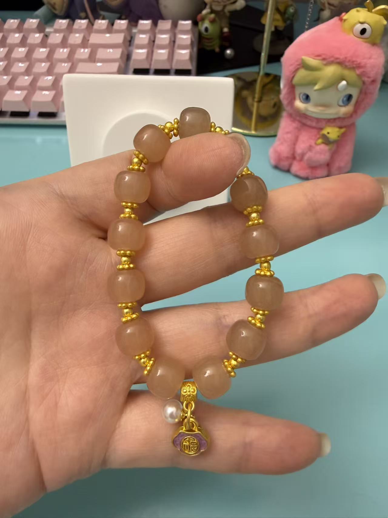 Peach Orange Crystal Beaded Bracelet with Gold Fu Charm & Pearl - New Chinese Style Healing Jewelry for Women B127