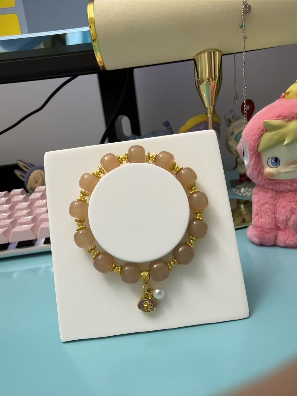 Peach Orange Crystal Beaded Bracelet with Gold Fu Charm & Pearl - New Chinese Style Healing Jewelry for Women B127
