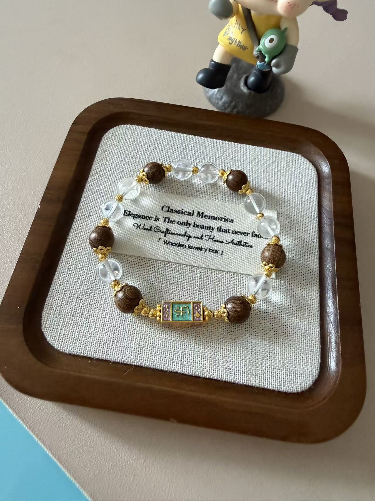 New Chinese Style Clear Crystal & Wood Bracelet with Mahjong Tile Accent B151