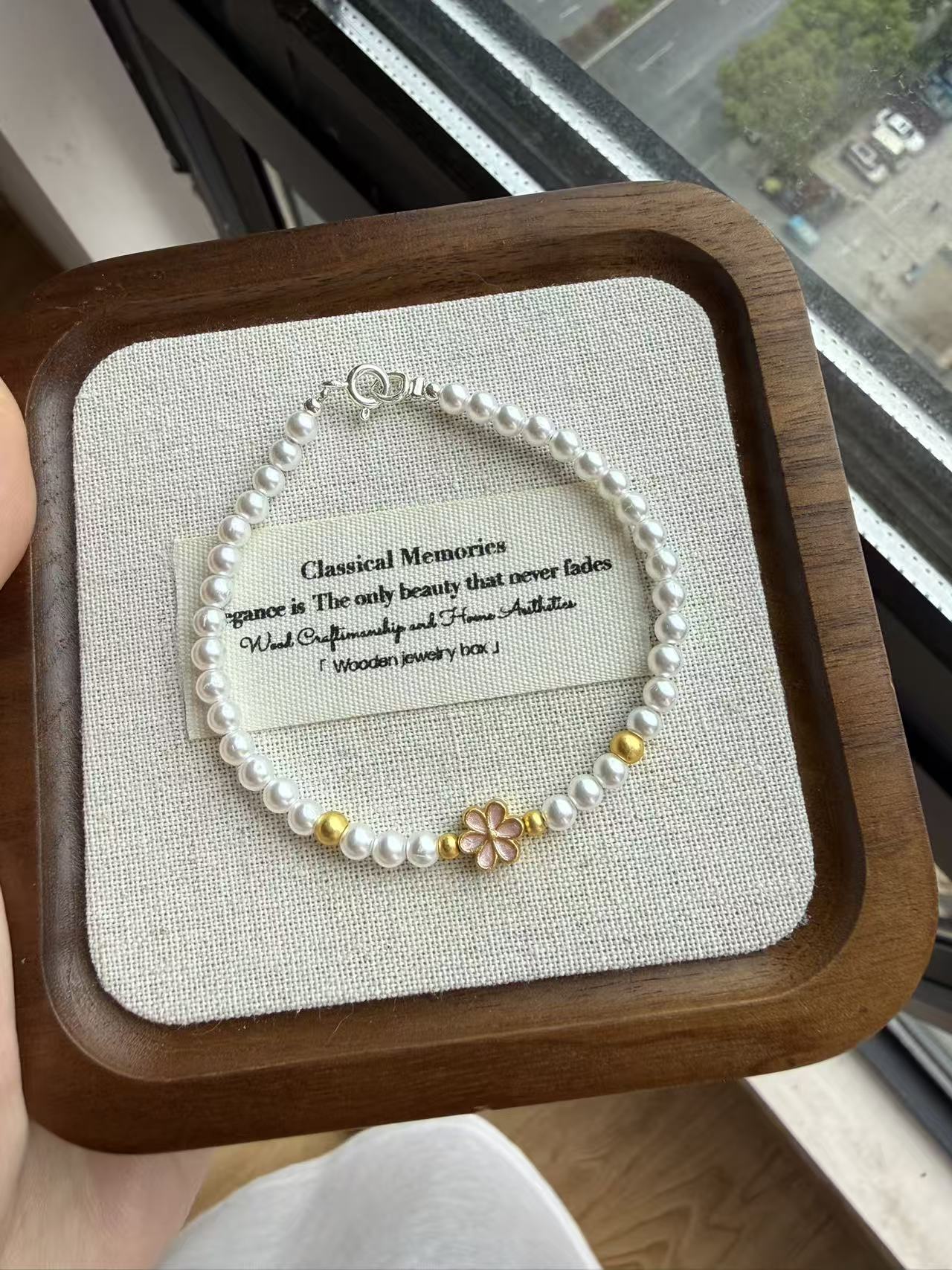Dainty Pearl Bracelet with Pink Flower Charm - Elegant Everyday Jewelry for Women B167
