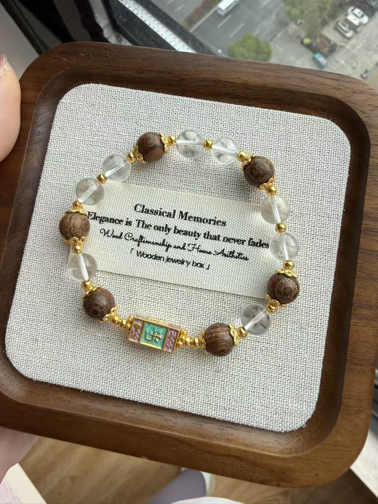 New Chinese Style Clear Crystal & Wood Bracelet with Mahjong Tile Accent B151