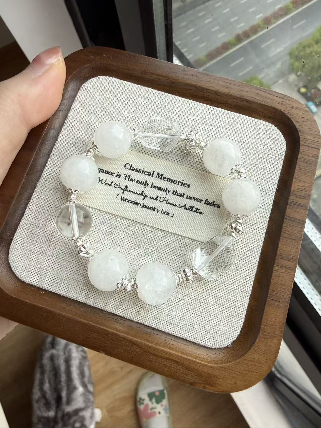 Clear Quartz & Silver Snowflake Charm Bracelet - Minimalist Elegant Jewelry B156