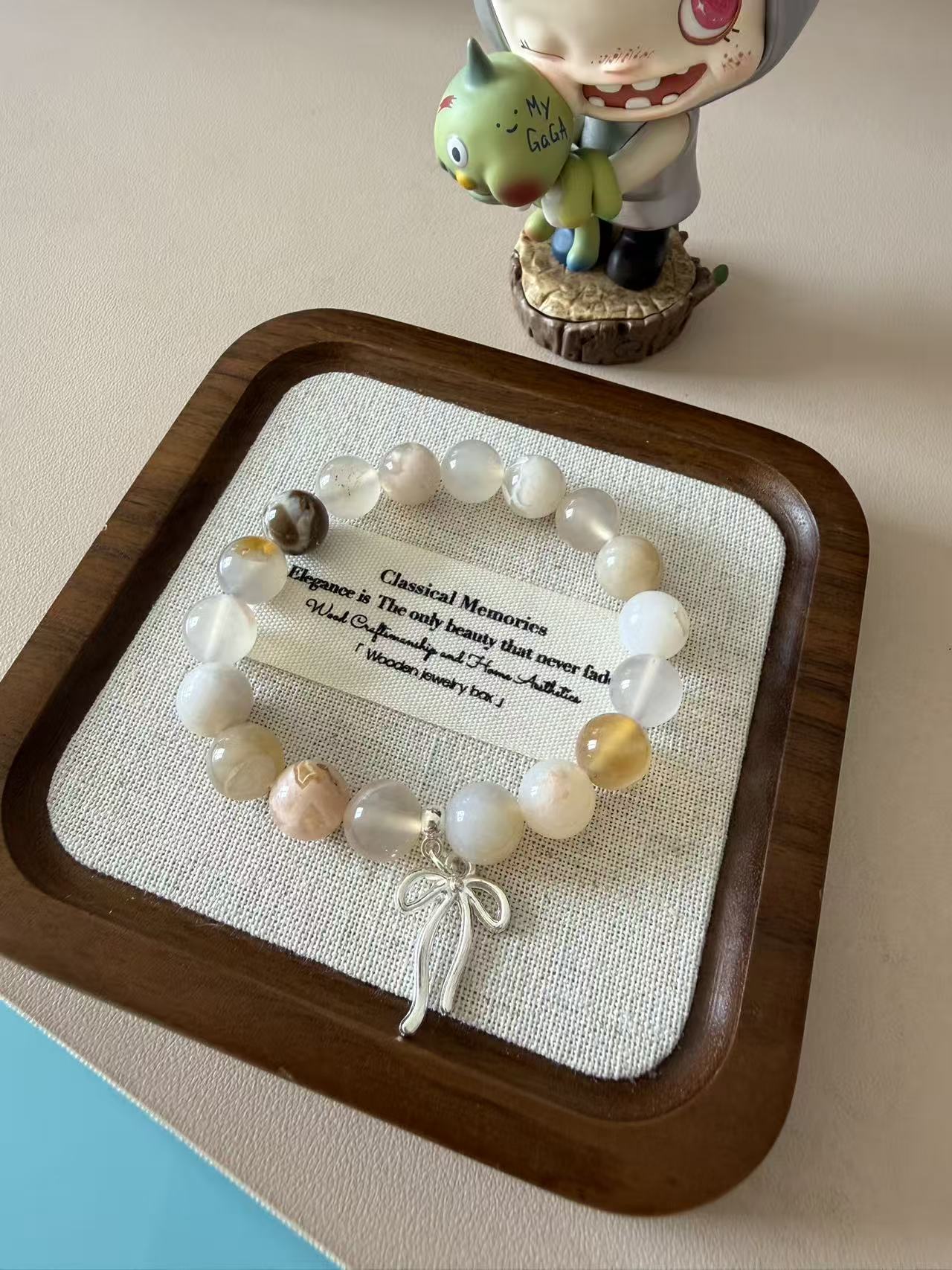 Gradient Natural Stone Beaded Bracelet with Silver Bow Charm - Dainty Everyday Jewelry B134