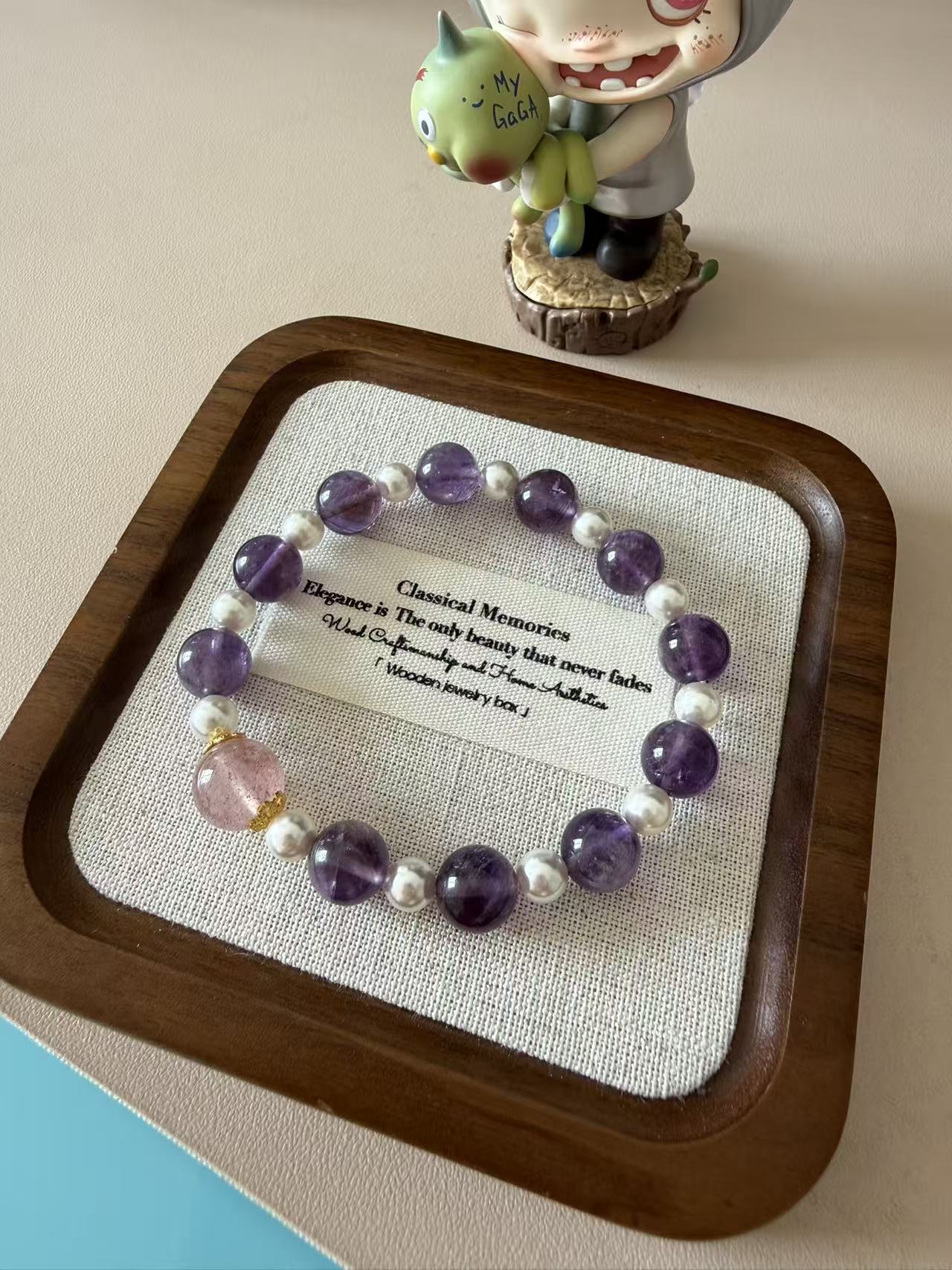 Amethyst & Strawberry Quartz Beaded Bracelet with Silver Accents B60