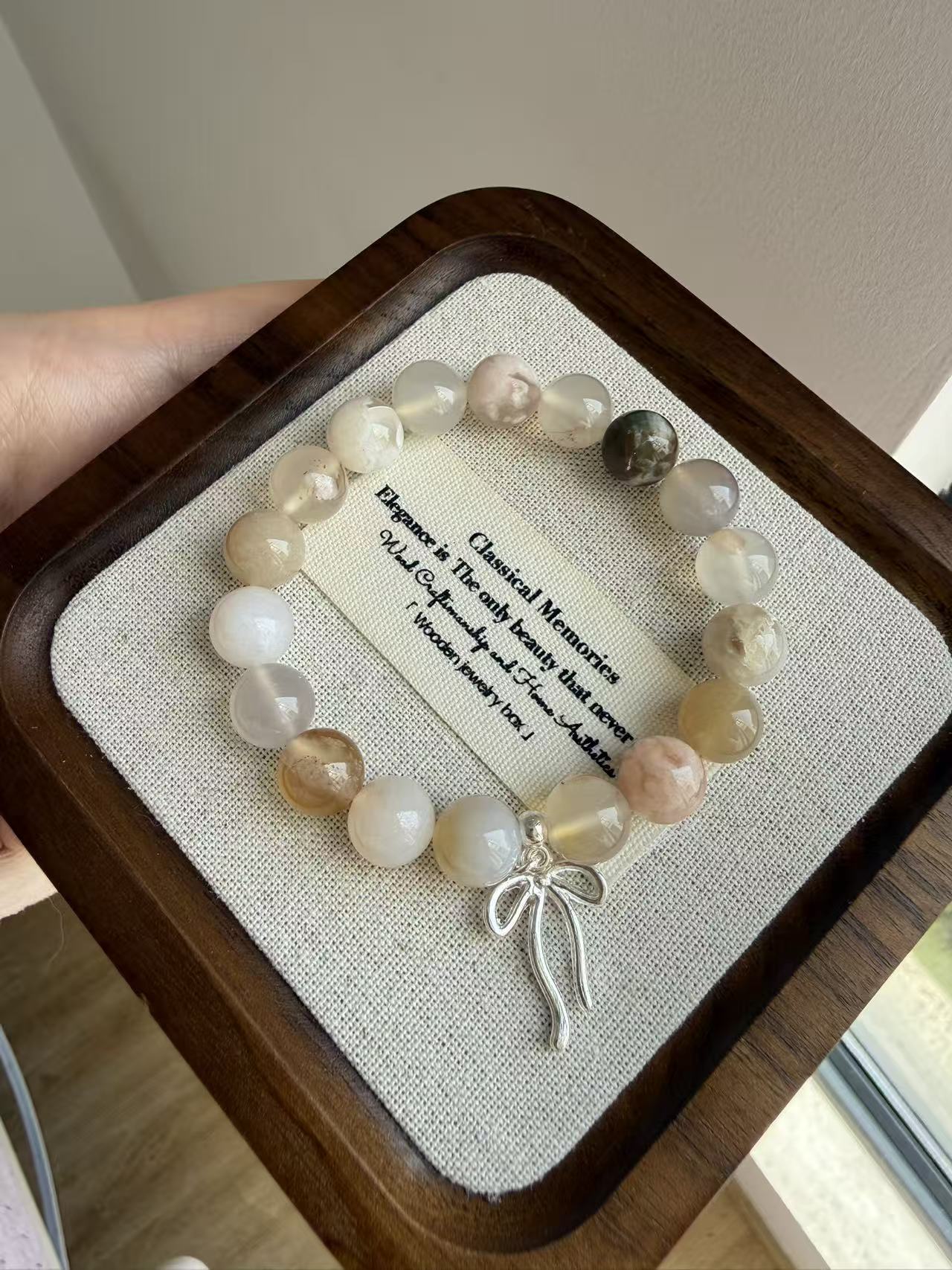 Gradient Natural Stone Beaded Bracelet with Silver Bow Charm - Dainty Everyday Jewelry B134