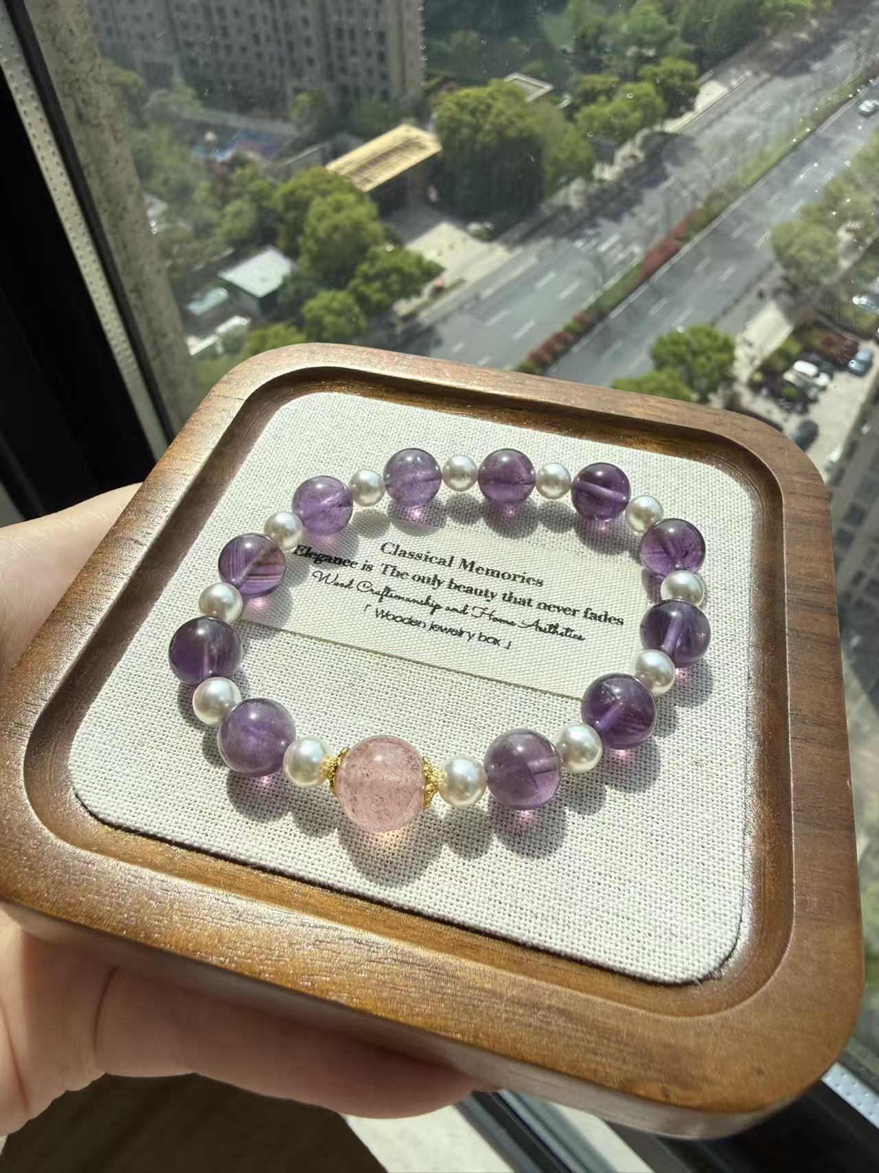 Amethyst & Strawberry Quartz Beaded Bracelet with Silver Accents B60