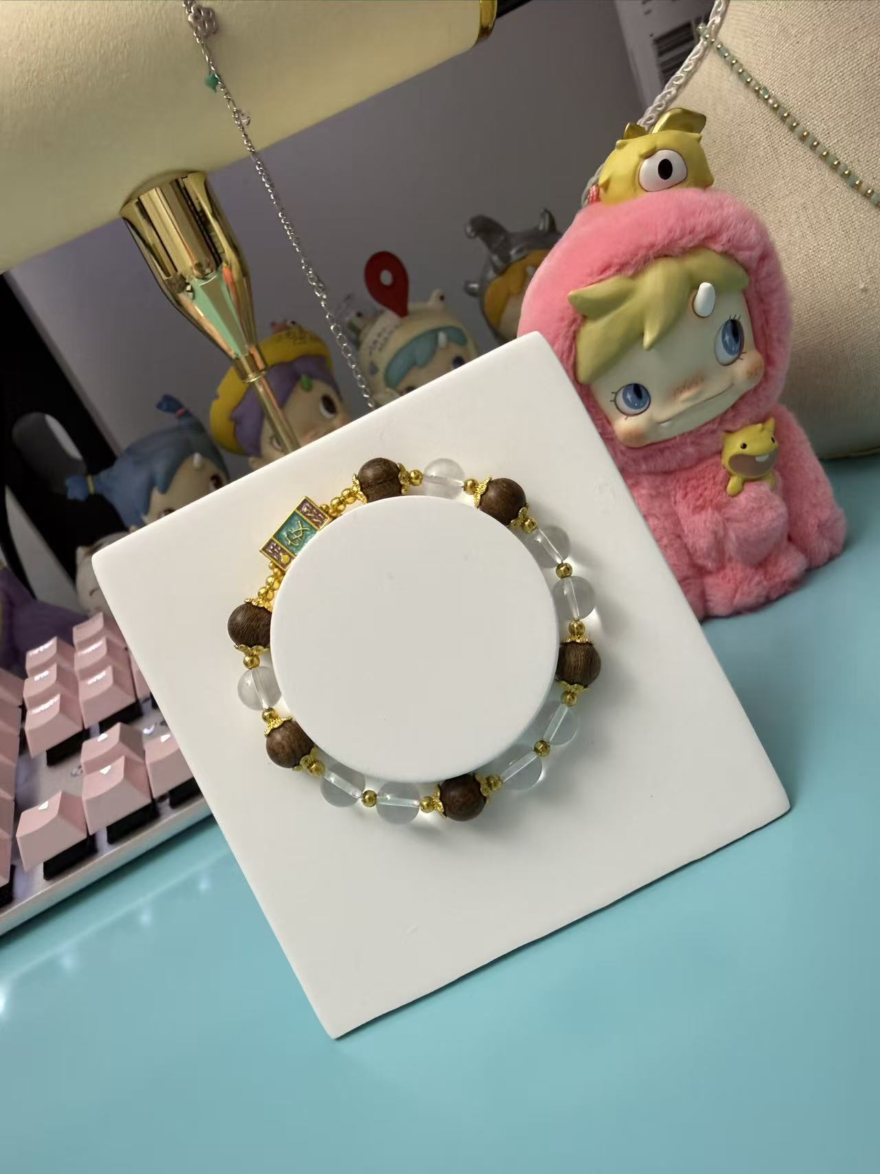 New Chinese Style Clear Crystal & Wood Bracelet with Mahjong Tile Accent B151