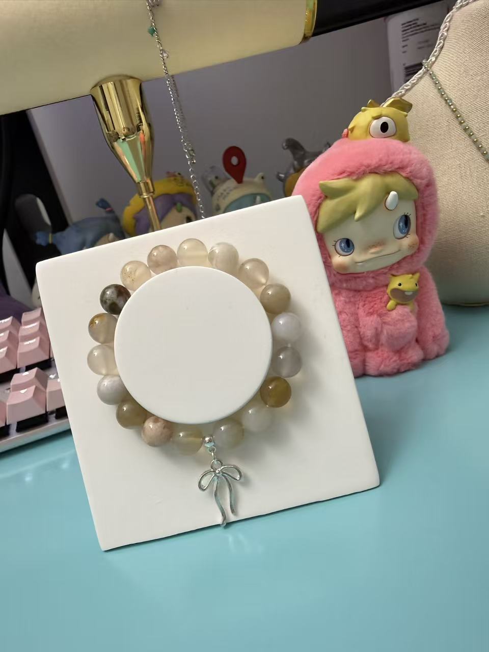 Gradient Natural Stone Beaded Bracelet with Silver Bow Charm - Dainty Everyday Jewelry B134