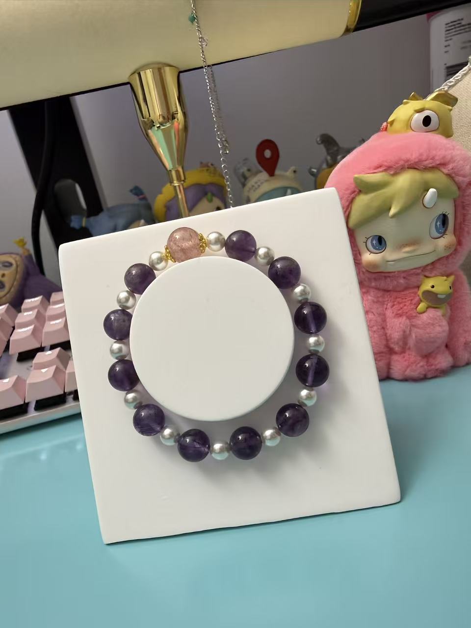 Amethyst & Strawberry Quartz Beaded Bracelet with Silver Accents B60