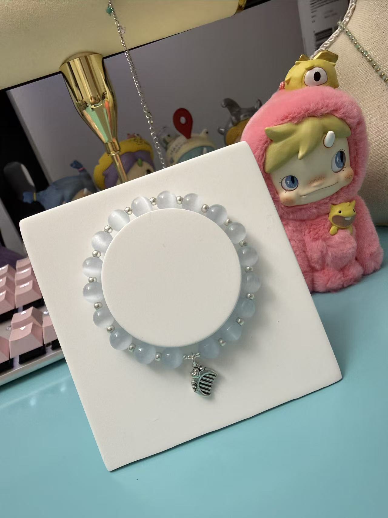 White Cat's Eye Beaded Bracelet with Silver Charm - Minimalist Elegant Jewelry B44