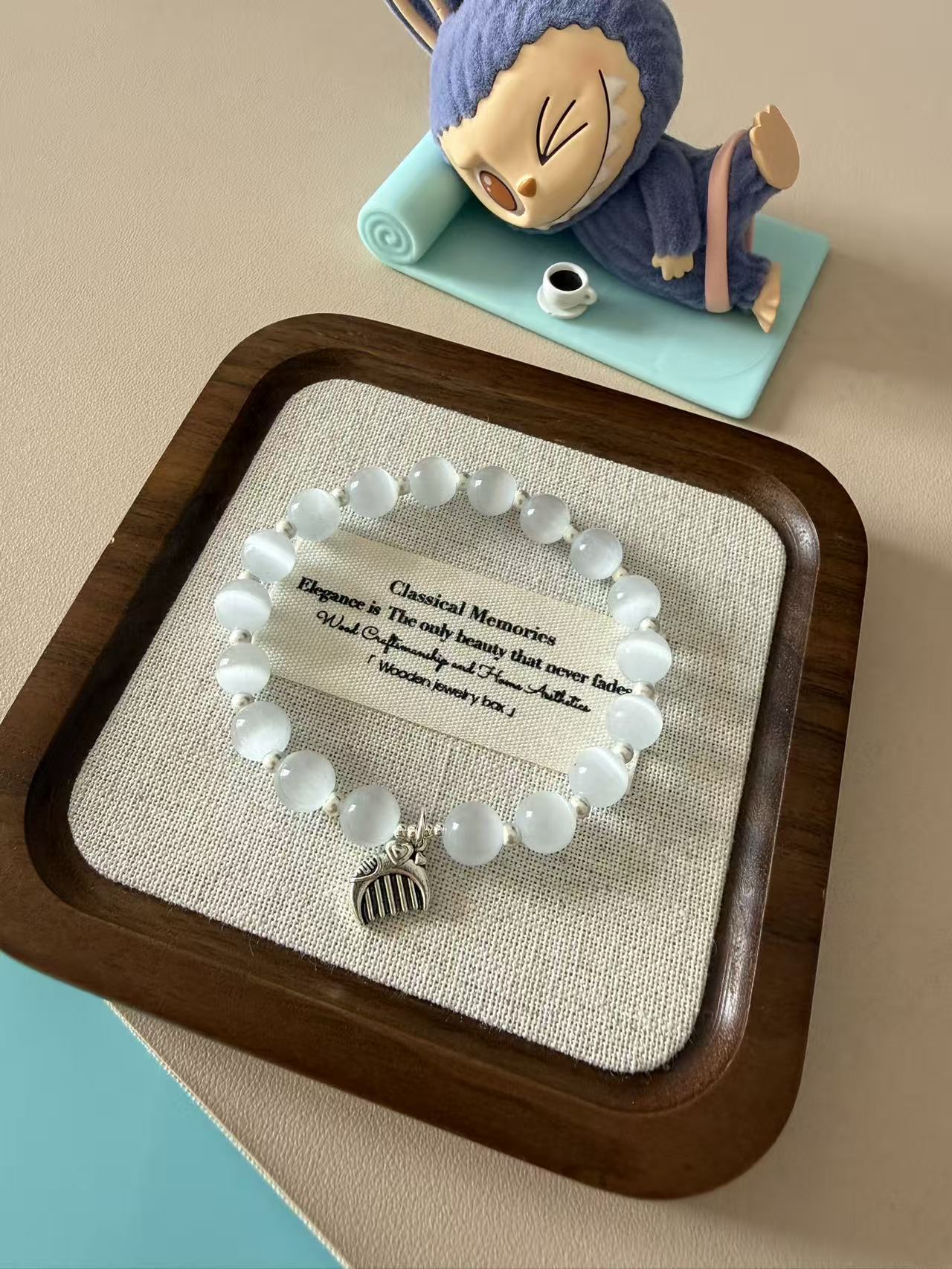 White Cat's Eye Beaded Bracelet with Silver Charm - Minimalist Elegant Jewelry B44