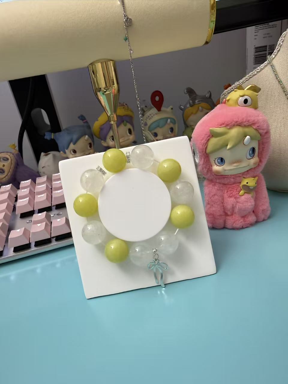 Pastel Yellow & Clear Quartz Bracelet with Blue Bow Charm - Summer Jewelry B78