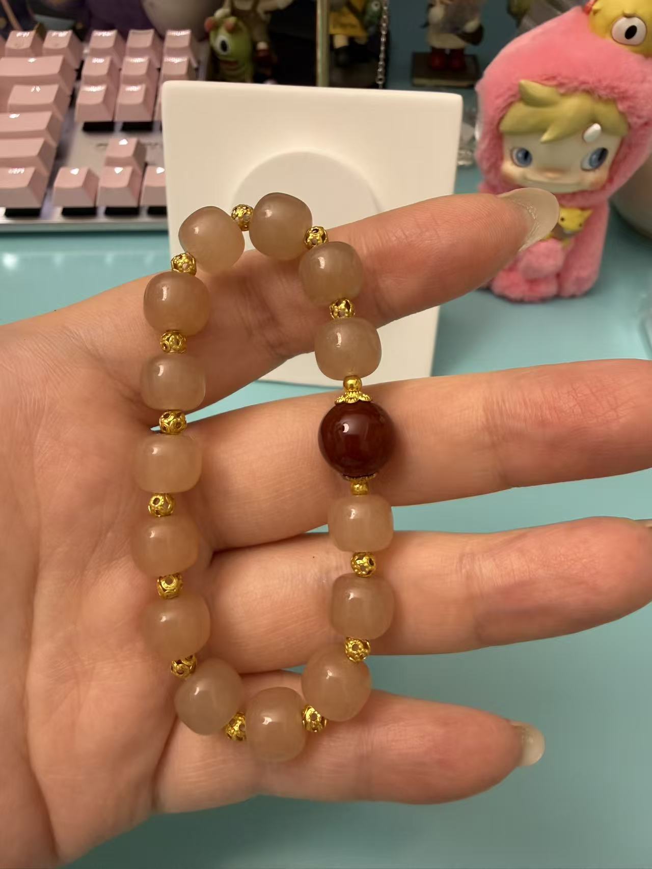 Beige Stone Barrel Bead Bracelet with Red Agate Accent - New Chinese Style Jewelry B142