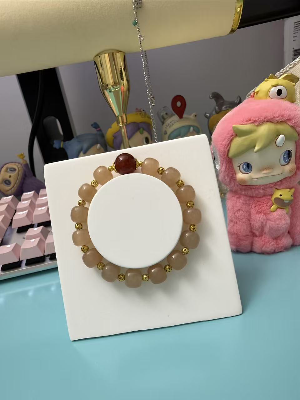 Beige Stone Barrel Bead Bracelet with Red Agate Accent - New Chinese Style Jewelry B142