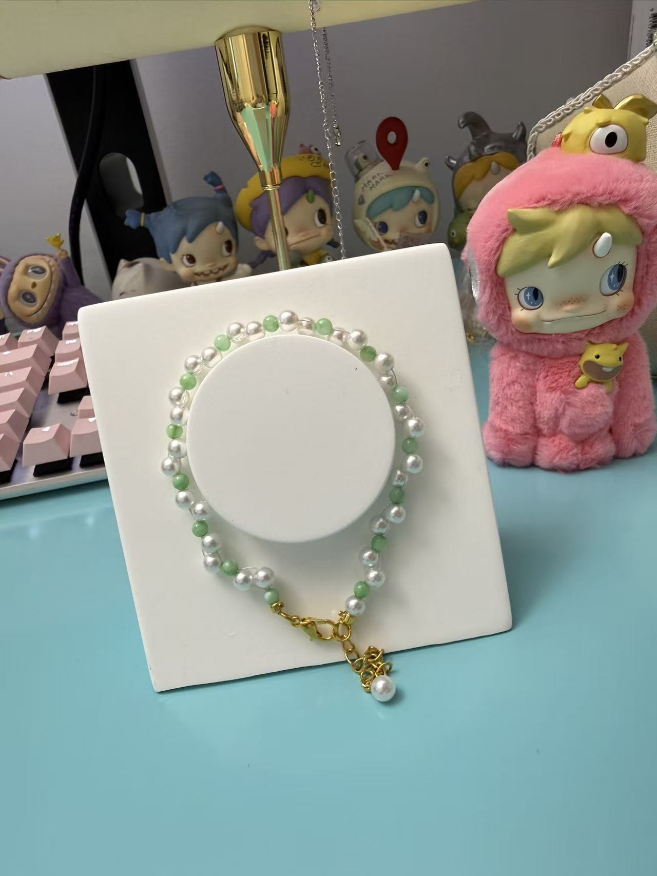 Dainty Pearl & Green Jade Beaded Bracelet | 14K Gold Plated Adjustable Hypoallergenic Chain | Minimalist Drop Charm Bracelet for Women B46