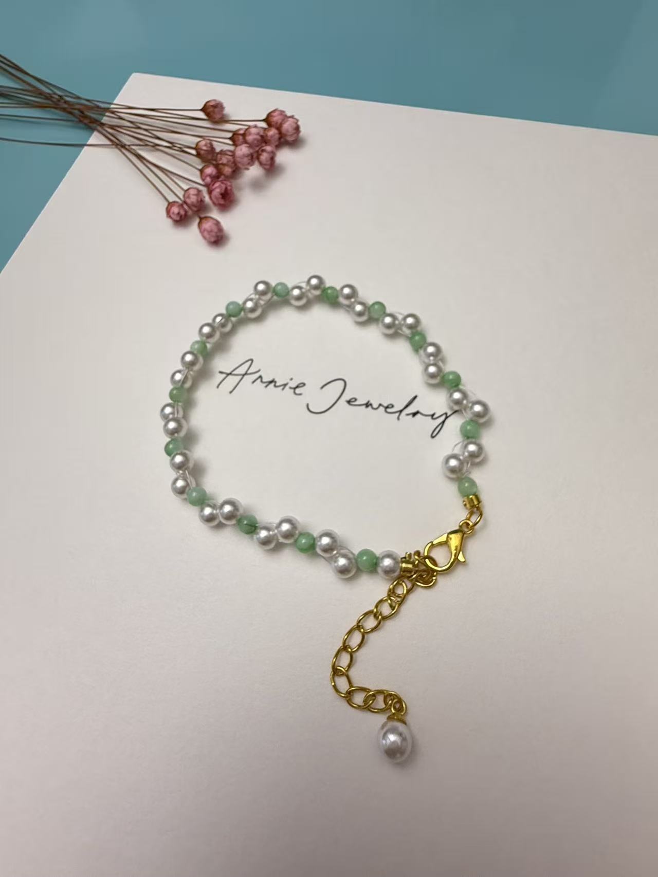 Dainty Pearl & Green Jade Beaded Bracelet | 14K Gold Plated Adjustable Hypoallergenic Chain | Minimalist Drop Charm Bracelet for Women B46
