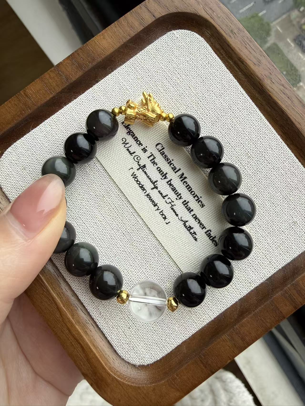 Natural Black Obsidian Beaded Bracelet | Minimalist Unisex Crystal Protection Jewelry with Gold Charm B262