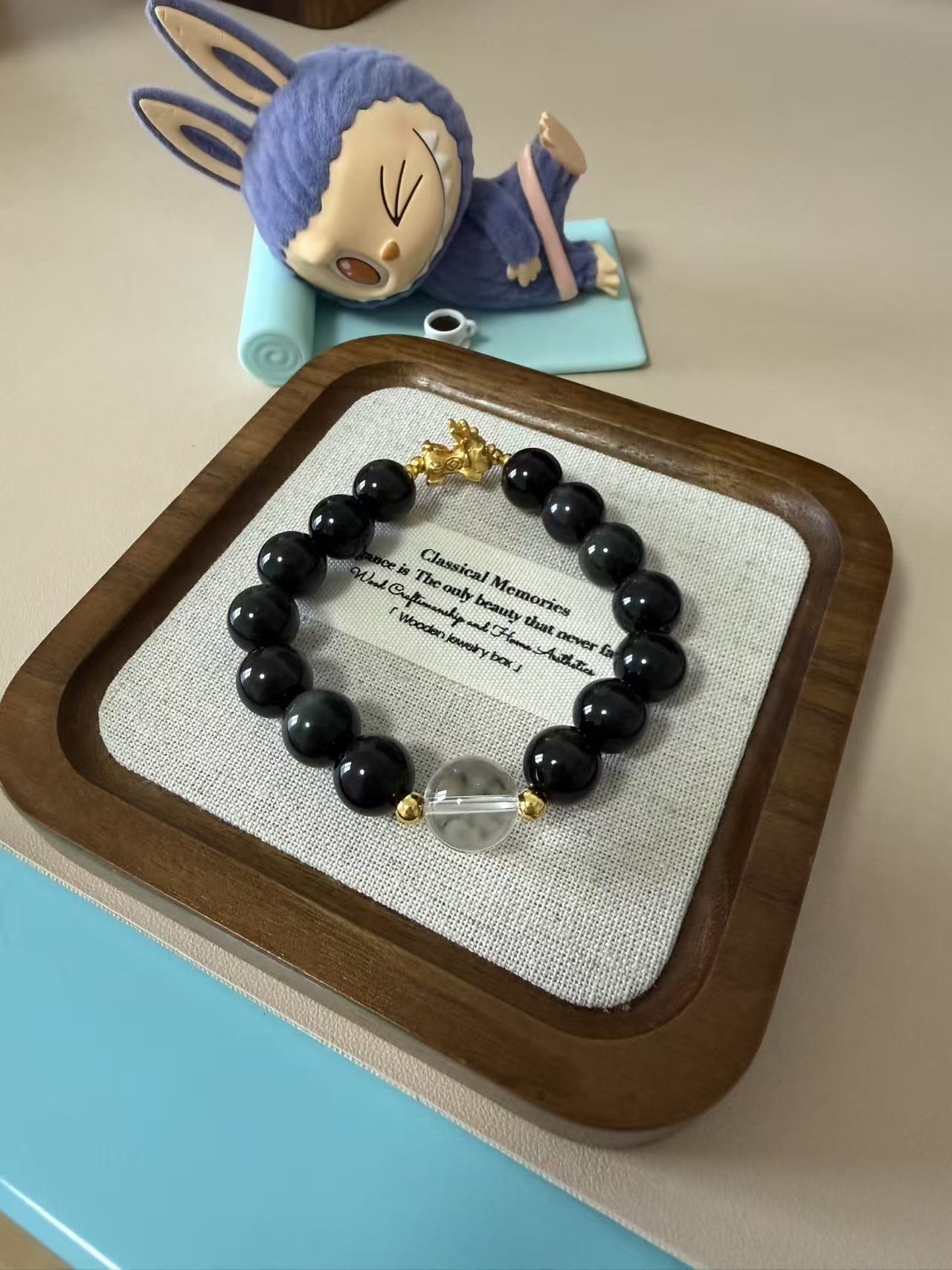 Natural Black Obsidian Beaded Bracelet | Minimalist Unisex Crystal Protection Jewelry with Gold Charm B262
