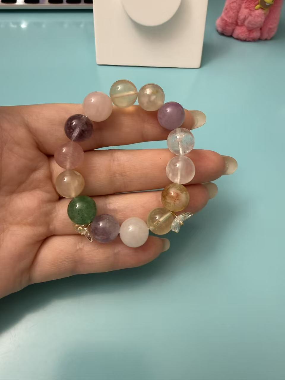 Natural Rainbow Multi-Stone Crystal Beaded Bracelet | Clear Quartz Citrine Amethyst with Butterfly Charm for Women