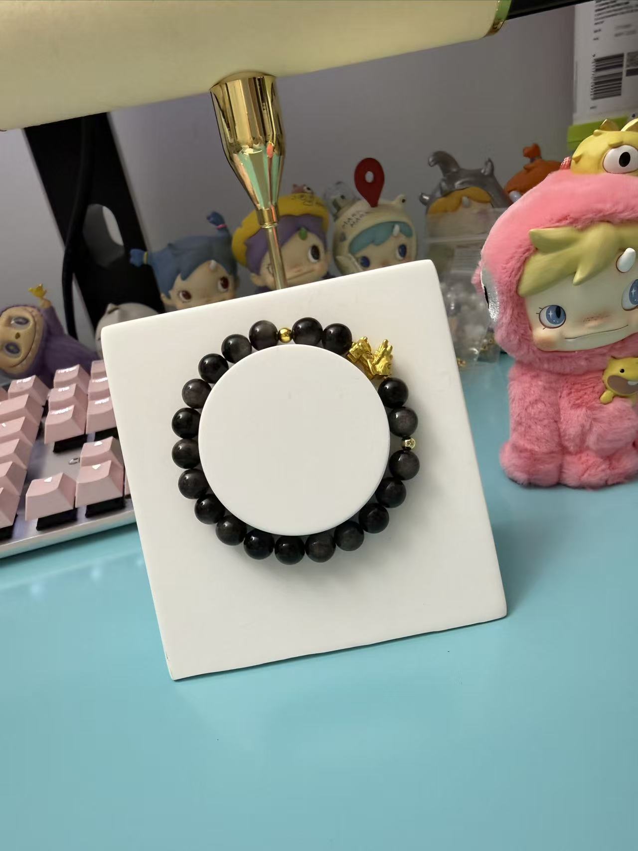 Natural Black Obsidian Beaded Bracelet with Silver Key Charm | Minimalist Unisex Protection Crystal Jewelry B94