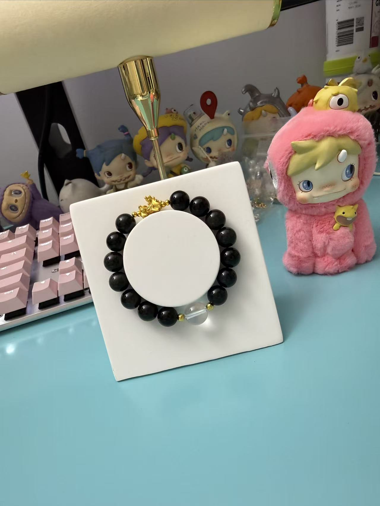 Natural Black Obsidian Beaded Bracelet | Minimalist Unisex Crystal Protection Jewelry with Gold Charm B262