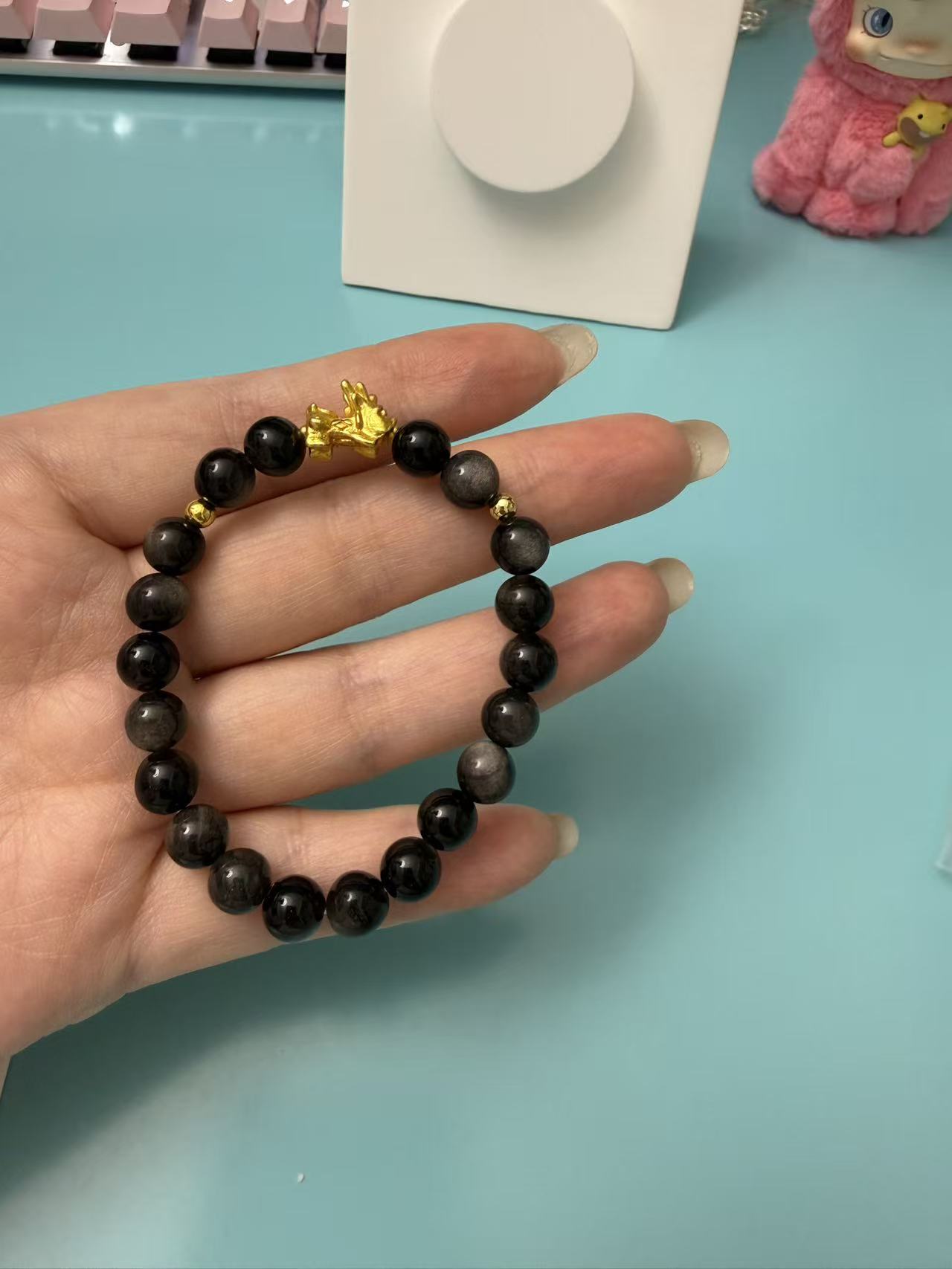 Natural Black Obsidian Beaded Bracelet with Silver Key Charm | Minimalist Unisex Protection Crystal Jewelry B94