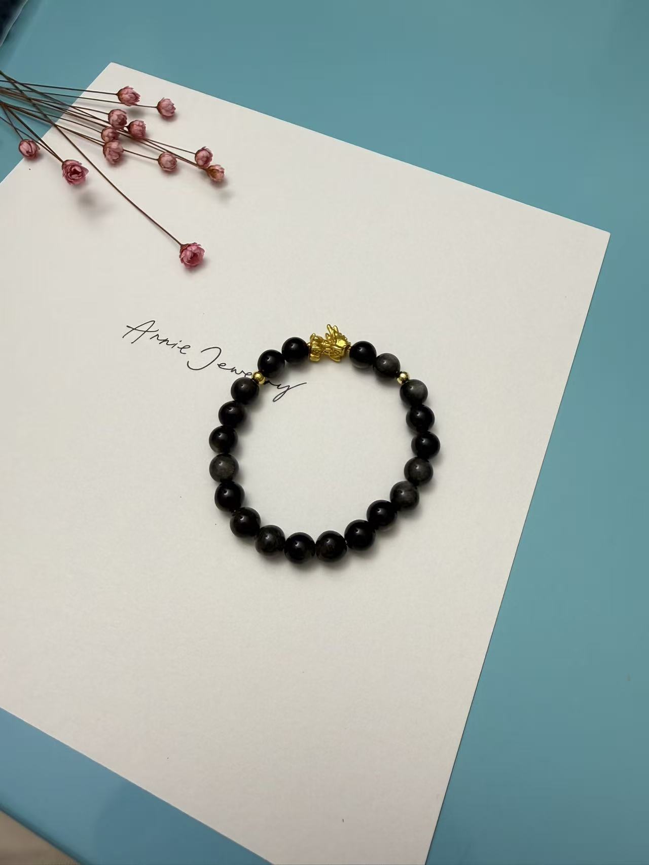 Natural Black Obsidian Beaded Bracelet with Silver Key Charm | Minimalist Unisex Protection Crystal Jewelry B94