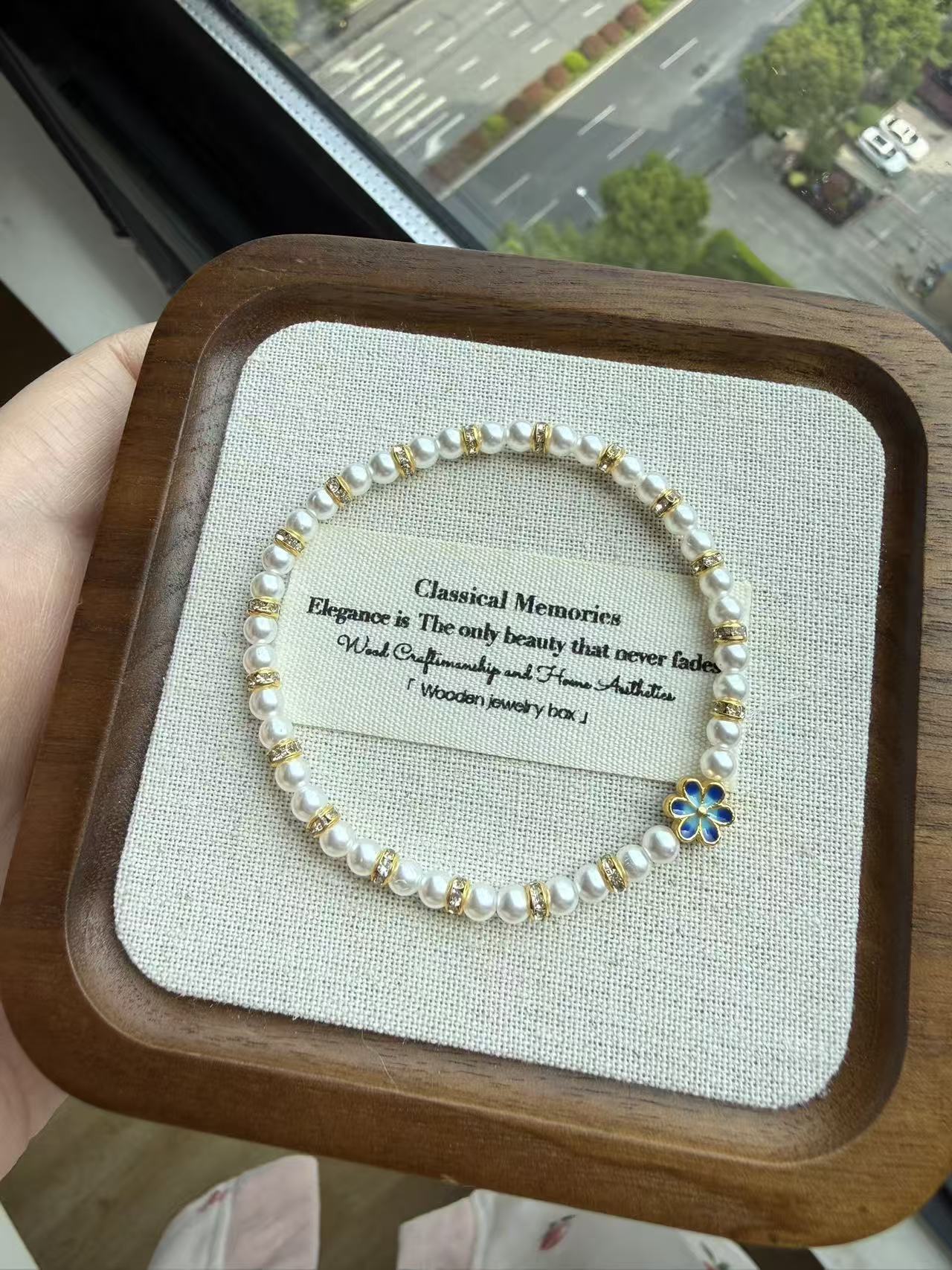 Freshwater Pearl Beaded Bracelet with Blue Flower Charm - Gold Plated CZ Spacer Dainty Stackable Bracelet for Women B168