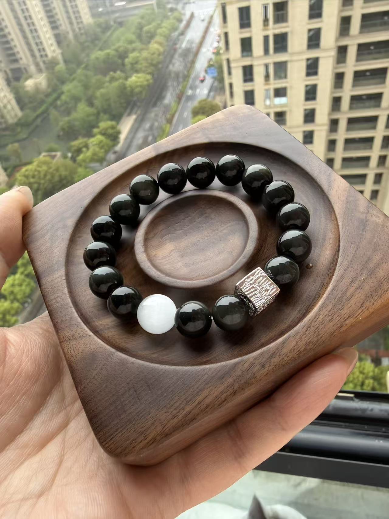 Natural Black Obsidian & Moonstone Bracelet - Lucky Protection & Calming Energy Beaded Bracelet for Men Women B53