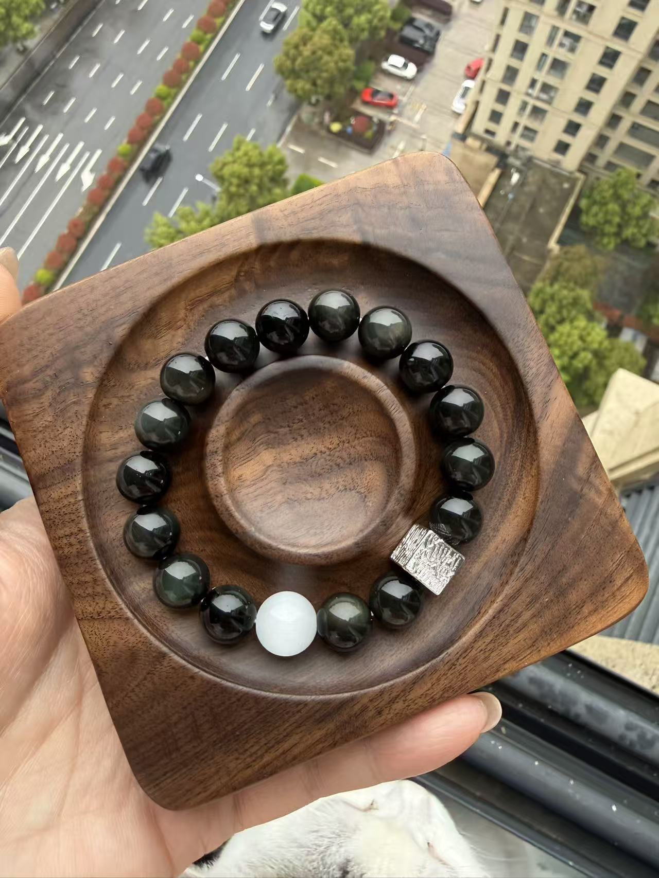 Natural Black Obsidian & Moonstone Bracelet - Lucky Protection & Calming Energy Beaded Bracelet for Men Women B53