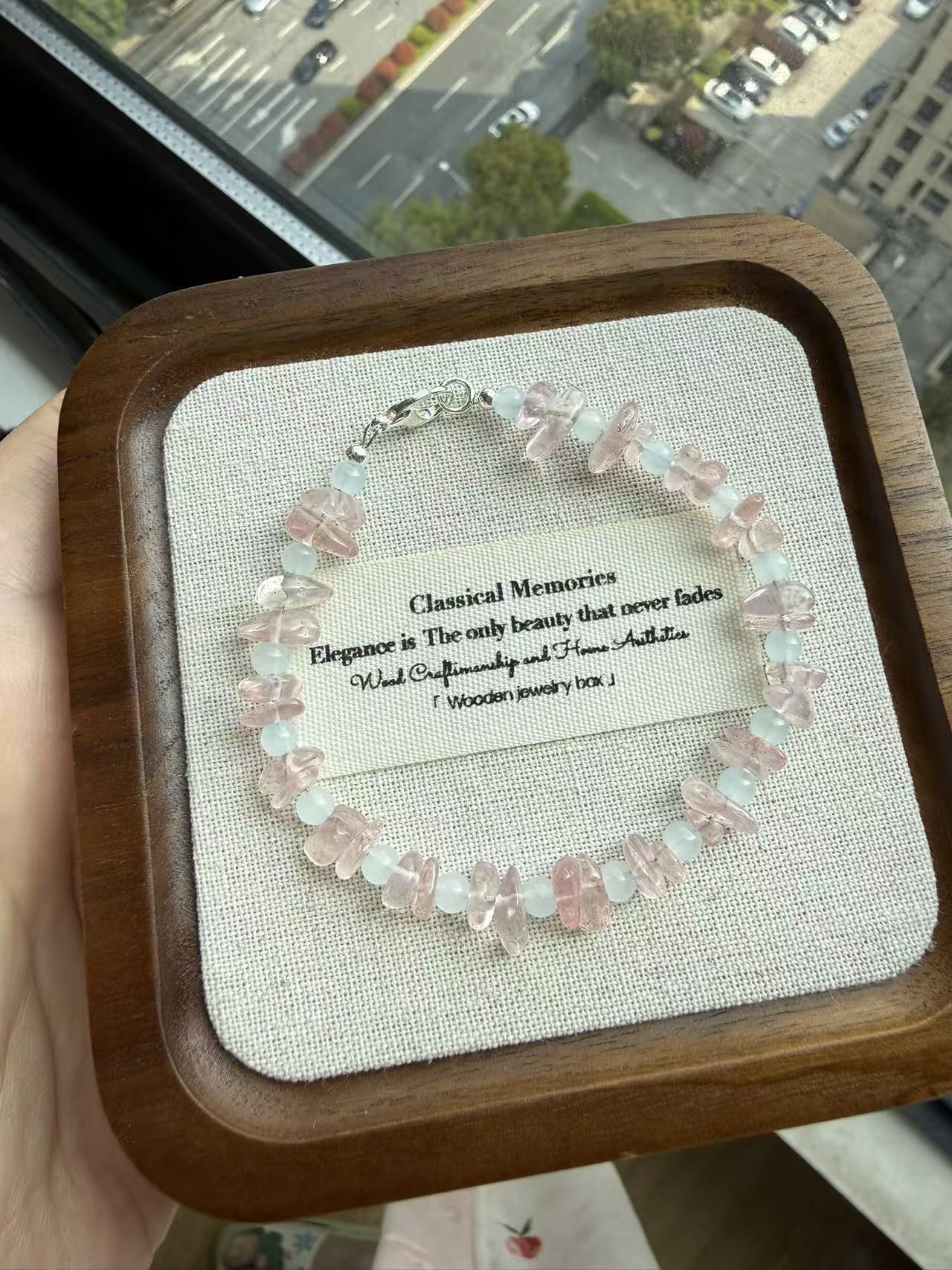Natural Rose Quartz Chip Bracelet - Healing Love Crystal Adjustable Silver Clasp Beaded Bracelet for Women B02