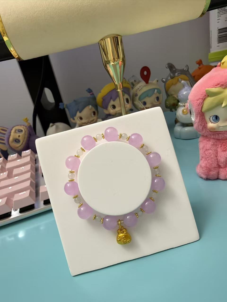 Lavender Pink Jade Beaded Bracelet with Gold Lucky Money Bag Charm - Feng Shui Wealth & Protection Elastic Bracelet for Women B109