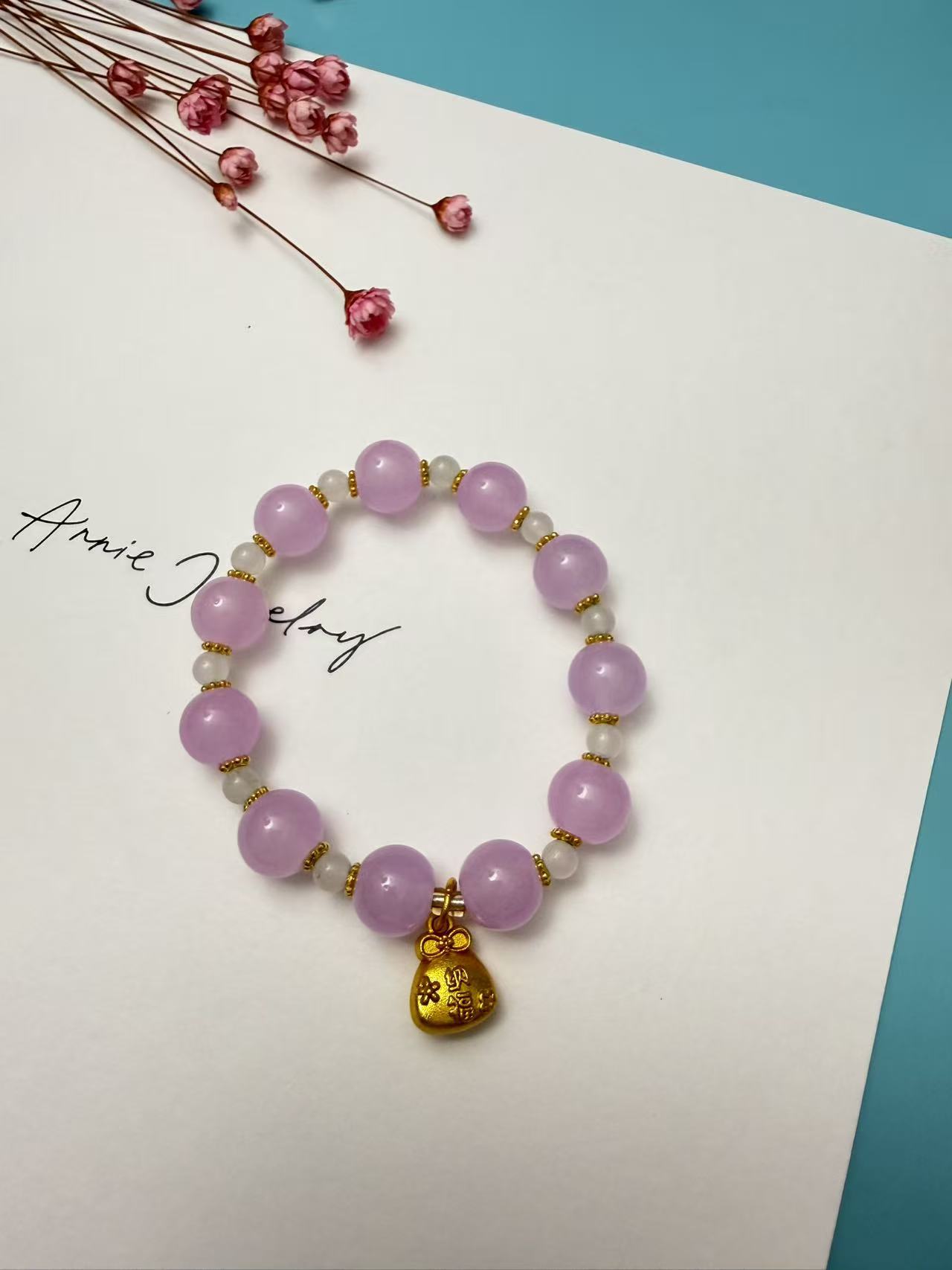 Lavender Pink Jade Beaded Bracelet with Gold Lucky Money Bag Charm - Feng Shui Wealth & Protection Elastic Bracelet for Women B109