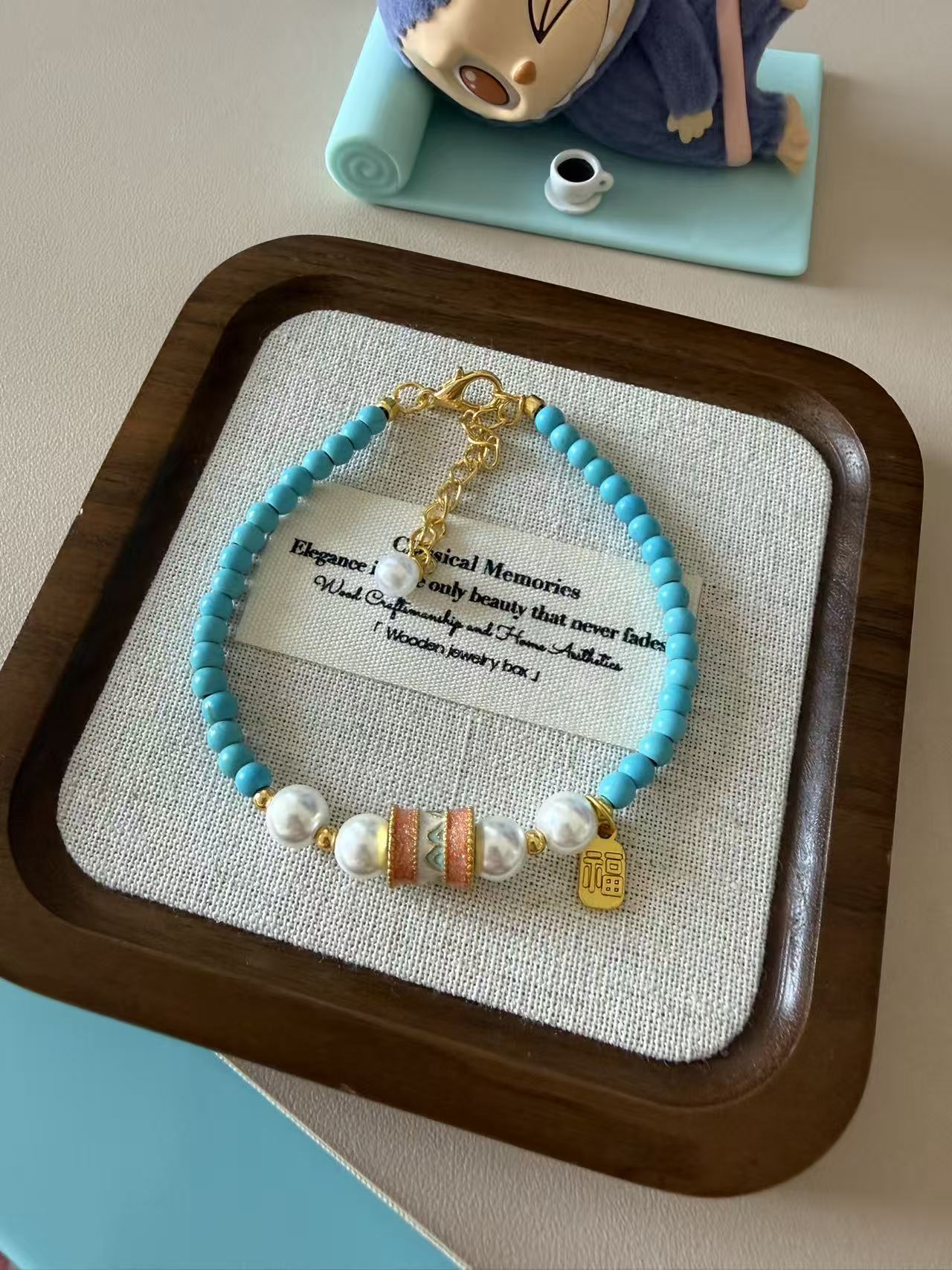 Turquoise Blue Beaded Bracelet with Freshwater Pearls & Enamel Barrel Charm - Lucky Fu Pendant Adjustable Gold Plated Bracelet for WomenB4