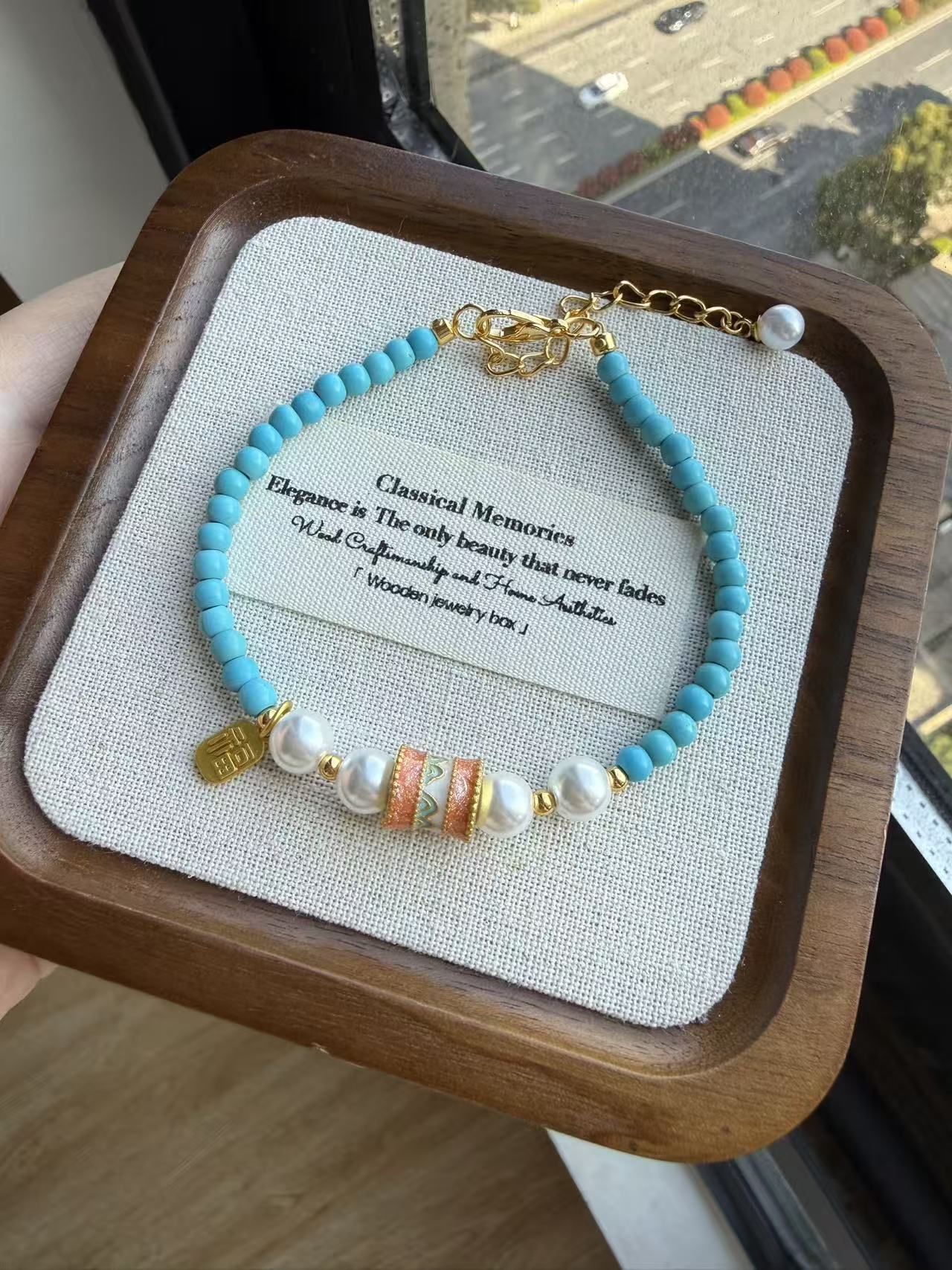 Turquoise Blue Beaded Bracelet with Freshwater Pearls & Enamel Barrel Charm - Lucky Fu Pendant Adjustable Gold Plated Bracelet for WomenB4
