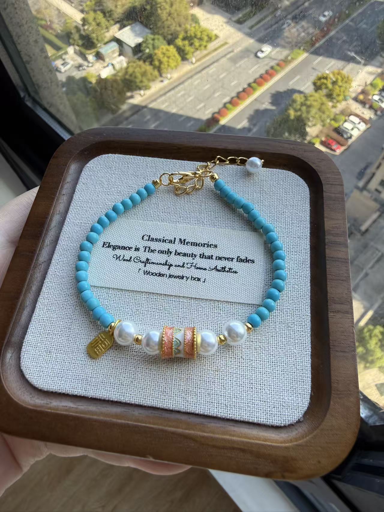 Turquoise Blue Beaded Bracelet with Freshwater Pearls & Enamel Barrel Charm - Lucky Fu Pendant Adjustable Gold Plated Bracelet for WomenB4