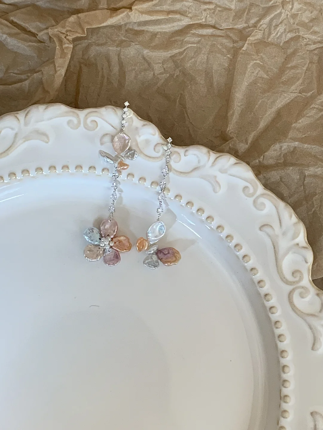 Natural Baroque Pearl Colorful Flowers Butterfly Asymmetric Earrings