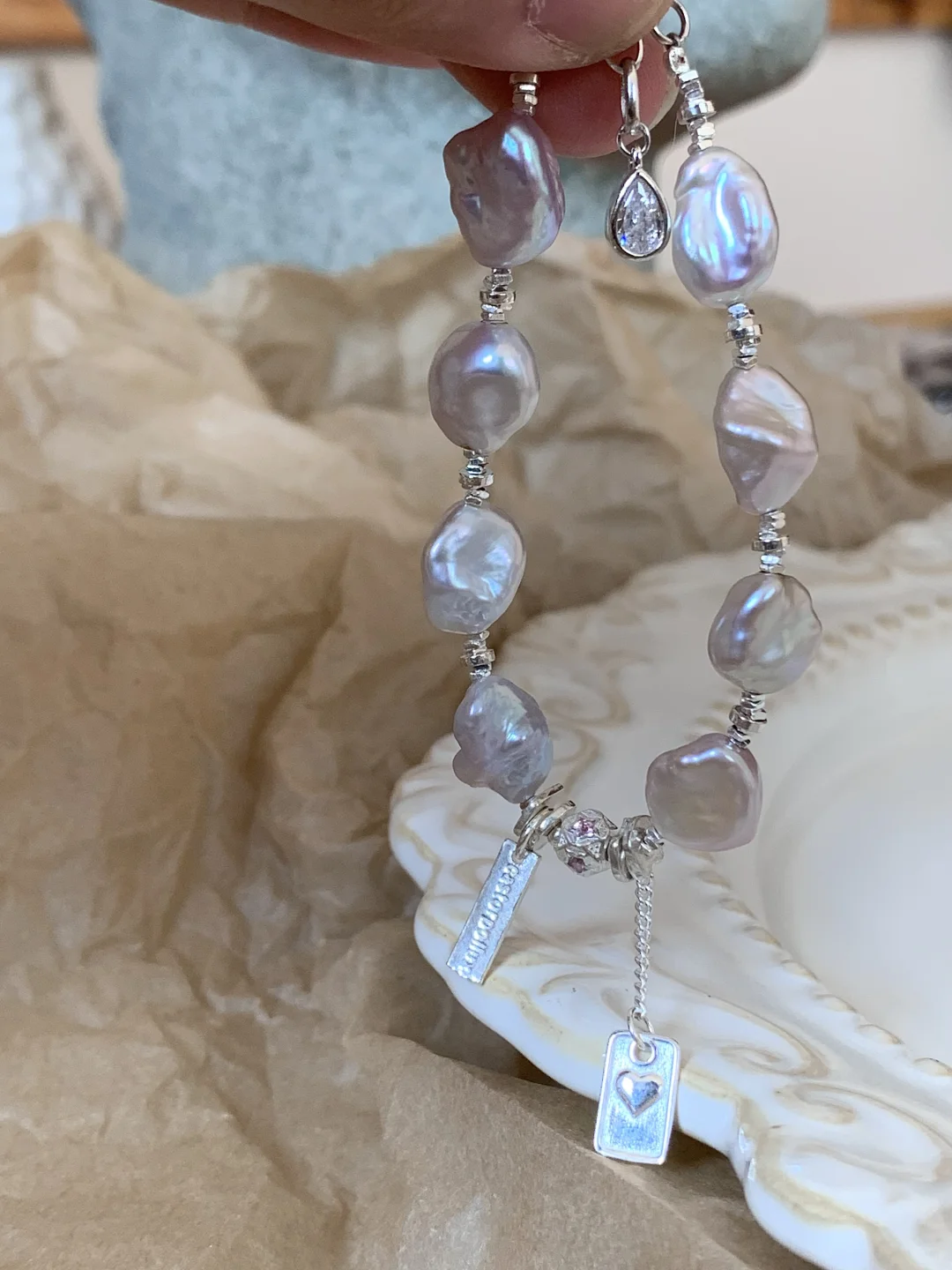 Natural pearl broken silver bracelet